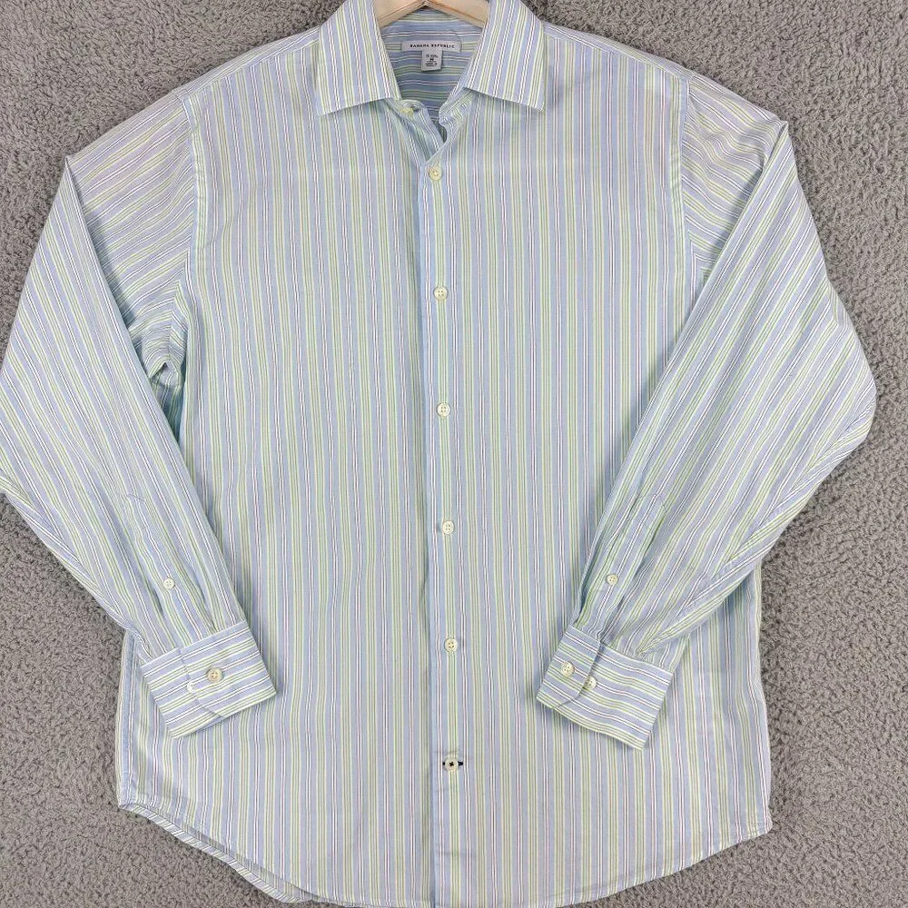 Banana Republic Shirt Mens 15 15.5 Blue White Stripe Shirt Business Casual Prepp